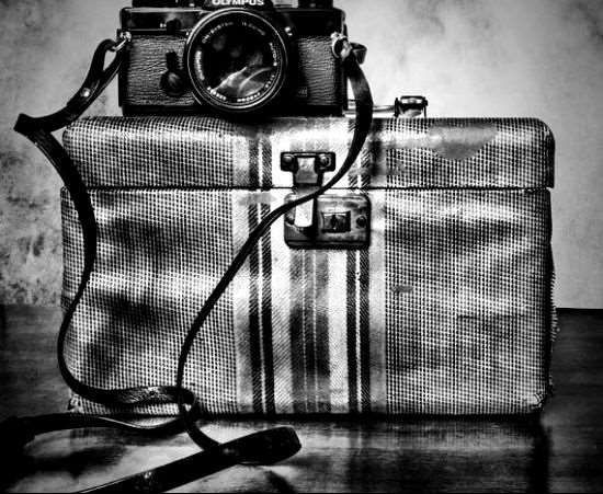 Vintage camera resting on a travel case